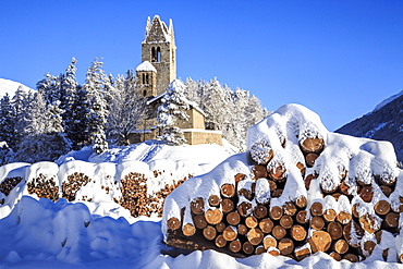 Saint Gian Church after a snowfall in Engadine, Switzerland, Europe