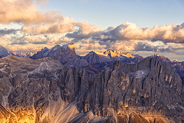 Aerial view of Catinaccio Group (Rosengarten), Torri Del Vajolet, Marmolada, Dolomites, South Tyrol, Italy, Europe