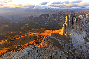 Aerial view of Catinaccio Group (Rosengarten) at sunset, Dolomites, South Tyrol, Italy, Europe