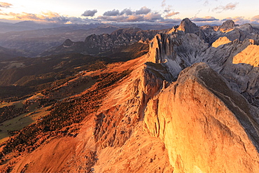 Aerial view of Roda Di Vael at sunset, Catinaccio Group (Rosengarten), Dolomites, South Tyrol, Italy, Europe