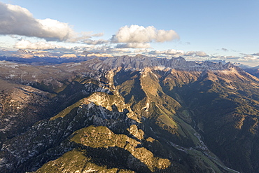 Aerial view of the rocky peaks of Catinaccio Group (Rosengarten), Val Di Tires, Dolomites, South Tyrol, Italy, Europe