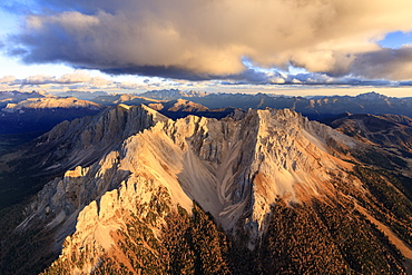 Aerial view of the rocky peaks of Latemar at sunset, Dolomites, South Tyrol, Italy, Europe