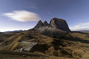 Starry sky on rocky peaks of Sassolungo, Sella Pass, Dolomites, South Tyrol, Bolzano province, Italy, europe