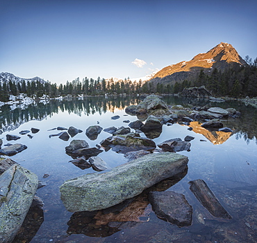 Panoramic of Lago di Saoseo and Corn Da Murasciola at dawn, Val di Campo, Poschiavo region, Canton of Graubunden, Switzerland, Europe