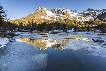 Spring thaw at Lago Viola, Val di Campo, Poschiavo region, Canton of Graubunden, Switzerland, Europe