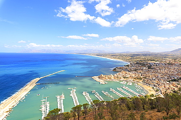 Elevated view of harbor and city of Castellammare del Golfo, province of Trapani, Sicily, Italy, Mediterranean, Europe