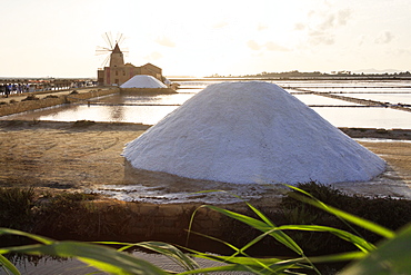 Piles of salt at Saline Ettore e Infersa, Saline Della Laguna, Marsala, province of Trapani, Sicily, Italy, Mediterranean, Europe