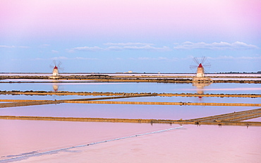 Windmills and salt flats at dawn, Saline dello Stagnone, Marsala, province of Trapani, Sicily, Italy, Mediterranean, Europe