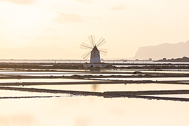 Windmill in the salt flats, Saline dello Stagnone, Marsala, province of Trapani, Sicily, Italy, Mediterranean, Europe