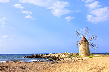 Windmill, Baia dei Mulini, Trapani, Sicily, Italy, Mediterranean, Europe