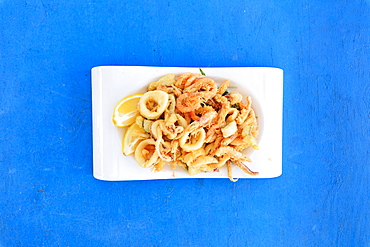 Fried seafood on platter, Sicily, Italy, Europe