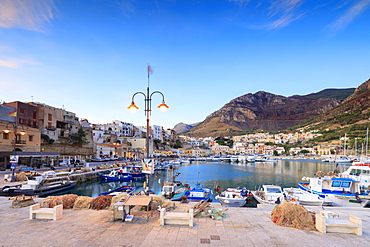 Harbor at sunrise, Castellammare del Golfo, province of Trapani, Sicily, Italy, Mediterranean, Europe