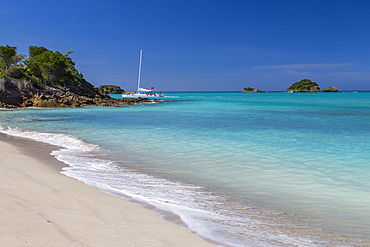 A catamaran moored near Spearn Bay, Antigua, Leeward Islands, West Indies, Caribbean, Central America