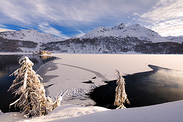 Frozen Lake Sils, Plaun da Lej, Maloja Region, Canton of Graubunden, Engadine, Switzerland, Europe