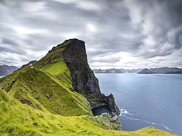 Panoramic of Kallur Lighthouse on cliffs, Kalsoy Island, Faroe Islands, Denmark, Europe