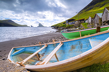 Boats on the beach, Bour, Vagar Island, Faroe Islands, Denmark, Europe