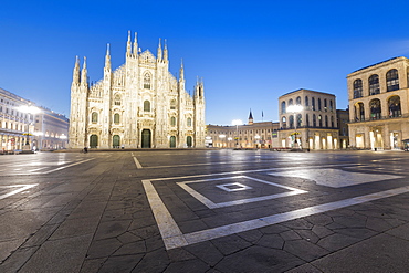 Facade of the Gothic Milan Cathedral (Duomo) at dusk, Milan, Lombardy, Italy, Europe