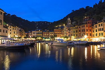 Harbour of Portofino at dusk, province of Genoa, Liguria, Italy, Europe