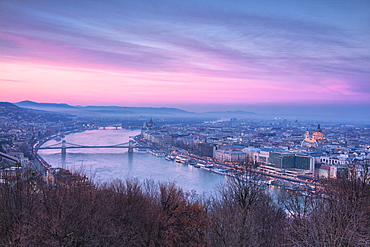 Overview of the city at sunset from The Citadel on Gellert Hill, Budapest, Hungary, Europe