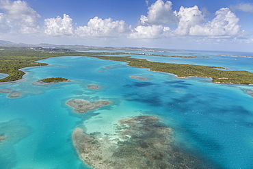 Aerial view of sections of reef scattered along the rugged coastline and rich tropical vegetation of Antigua, Leeward Islands, West Indies, Caribbean, Central America