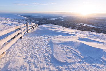 Frozen fence in the snow, Pallas-Yllastunturi National Park, Muonio, Lapland, Finland, Europe