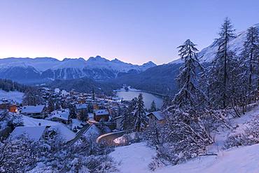 Village and Lake of St. Moritz after a snowfall, Engadine, Canton of Graubunden, Switzerland, Europe