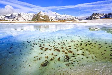 Turquoise water of Lake Andossi during thaw, Chiavenna Valley, Spluga Valley, Sondrio province, Valtellina, Lombardy, Italy, Europe