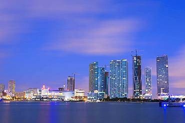 Night skyline of Downtown Miami from Watson Island, Miami, Florida, United States of America, North America