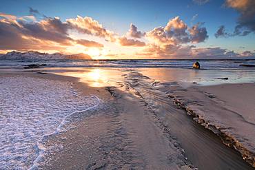 Ice on sand beach, Vikten, Flakstad municipality, Lofoten Islands, Nordland, Norway, Europe