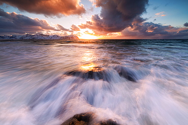 Sunset on the rough sea, Vikten, Flakstad municipality, Lofoten Islands, Nordland, Norway, Europe