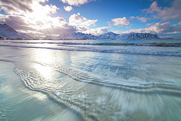 Waves of the icy sea, Ramberg, Flakstad municipality, Lofoten Islands, Nordland, Norway, Europe