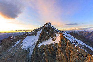 Aerial view of Monte Disgrazia at sunset, Valmalenco, Val Masino, Valtellina, Lombardy, province of Sondrio, Italy, Europe