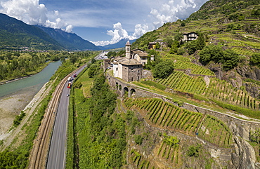 Aerial view of Torre della Sassella and vineyards, Sondrio province, Lombardy, Italy, Europe