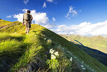 Hiker on steep ridge on the ascent towards Monte Azzarini, San Marco Pass, Albaredo Valley, Orobie Alps, Lombardy, Italy, Europe