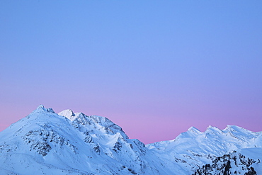 Sunrise on snowy Piz Duan and Val Maroz, Bregaglia Valley, Engadine, Canton of Graubunden, Switzerland, Europe