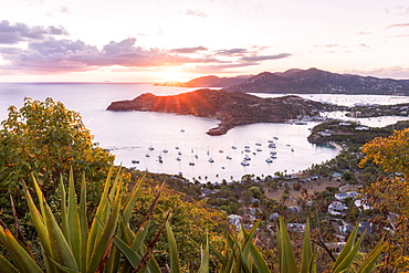 Overview of English Harbour from Shirley Heights at sunset, Antigua, Antigua and Barbuda, Leeward Islands, West Indies, Caribbean, Central America