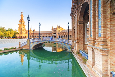 Arch bridge in Art Deco style along the canal, Plaza de Espana, Seville, Andalusia, Spain, Europe