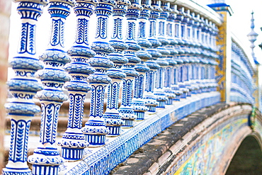 Close-up of details of ceramic tiled pillars of balustrade, Plaza de Espana, Seville, Andalusia, Spain, Europe