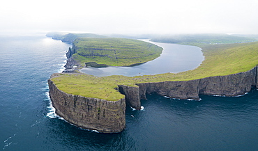 Lake Leitisvatn (Sorvagsvatn) on cliffs above the ocean, Vagar island, Faroe Islands, Denmark, Europe