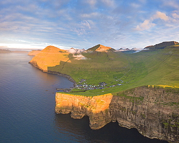 Aerial panoramic of of Gjogv, Eysturoy island, Faroe Islands, Denmark, Europe