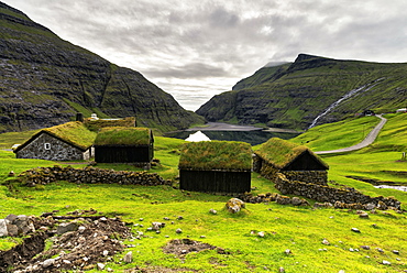 Traditional houses with grass roof, Saksun, Streymoy island, Faroe Islands, Denmark, Europe