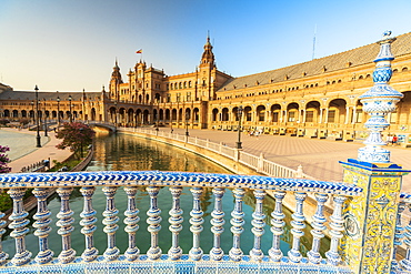 Decorated ceramic balustrade in Art Deco style along the canal, Plaza de Espana, Seville, Andalusia, Spain, Europe