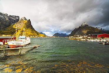 Fishing boats in the harbor, Reine, Nordland, Lofoten Islands, Norway, Europe