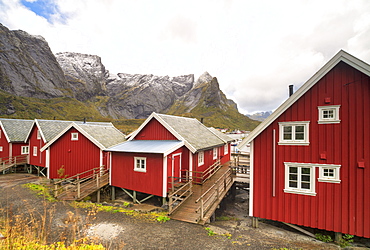 Iconic red fishermen's cabins (Rorbu), Reine, Nordland, Lofoten Islands, Norway, Europe