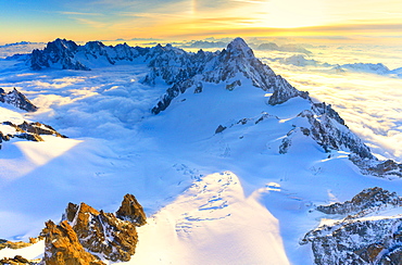 Aerial view of the Grand Jorasses at sunrise, Mont Blanc massif, Courmayeur, Aosta Valley, Italy, Europe