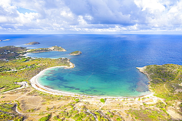 Aerial view by drone of Half Moon Bay washed by Caribbean Sea, Antigua, Leeward Islands, West Indies, Caribbean, Central America