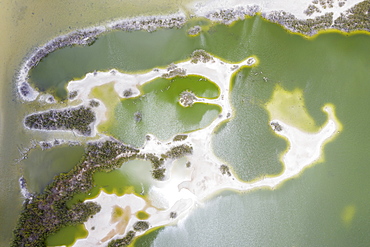 Aerial view by drone of tropical lagoon next to Darkwood Beach, Antigua, Leeward Islands, West Indies, Caribbean, Central America