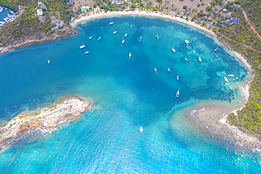 Aerial view of boats in the blue Caribbean Sea next to Galleon beach, Antigua, Antigua and Barbuda, Leeward Islands, West Indies, Central America