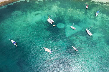 Aerial view by drone of sailboats and catamarans moored in the Caribbean Sea, Antilles, West Indies, Caribbean, Central America