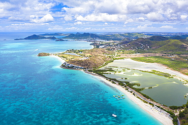 Aerial view by drone of Darkwood Beach and tropical lagoon, Antigua, Leeward Islands, West Indies, Caribbean, Central America